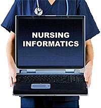 nurse in scrubs holding laptop displaying the words NURSING INFORMATICS